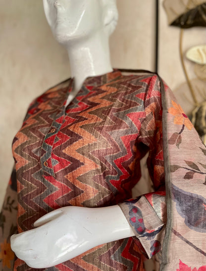 Brown Printed Linen Kurta Set with Kalamkari Dupatta