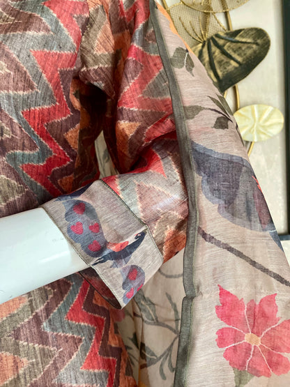 Brown Printed Linen Kurta Set with Kalamkari Dupatta
