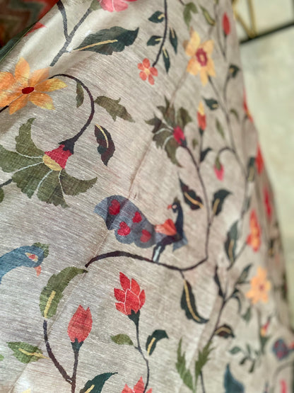 Brown Printed Linen Kurta Set with Kalamkari Dupatta