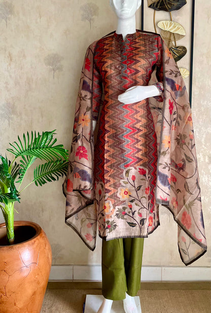 Brown Printed Linen Kurta Set with Kalamkari Dupatta