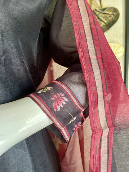 Black Linen Kurta Set with Tanchoi Print Kurta