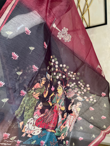 Black Linen Kurta Set with Tanchoi Print Kurta