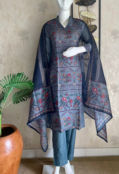 Greyish Blue Linen Kurta Set