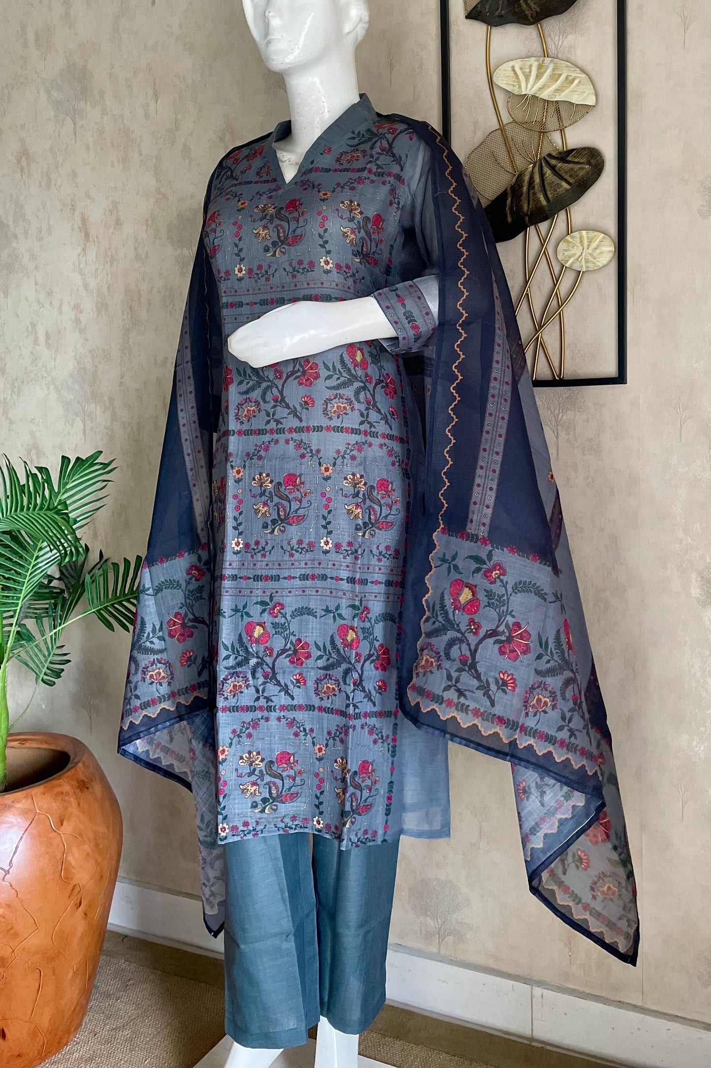 Greyish Blue Linen Kurta Set
