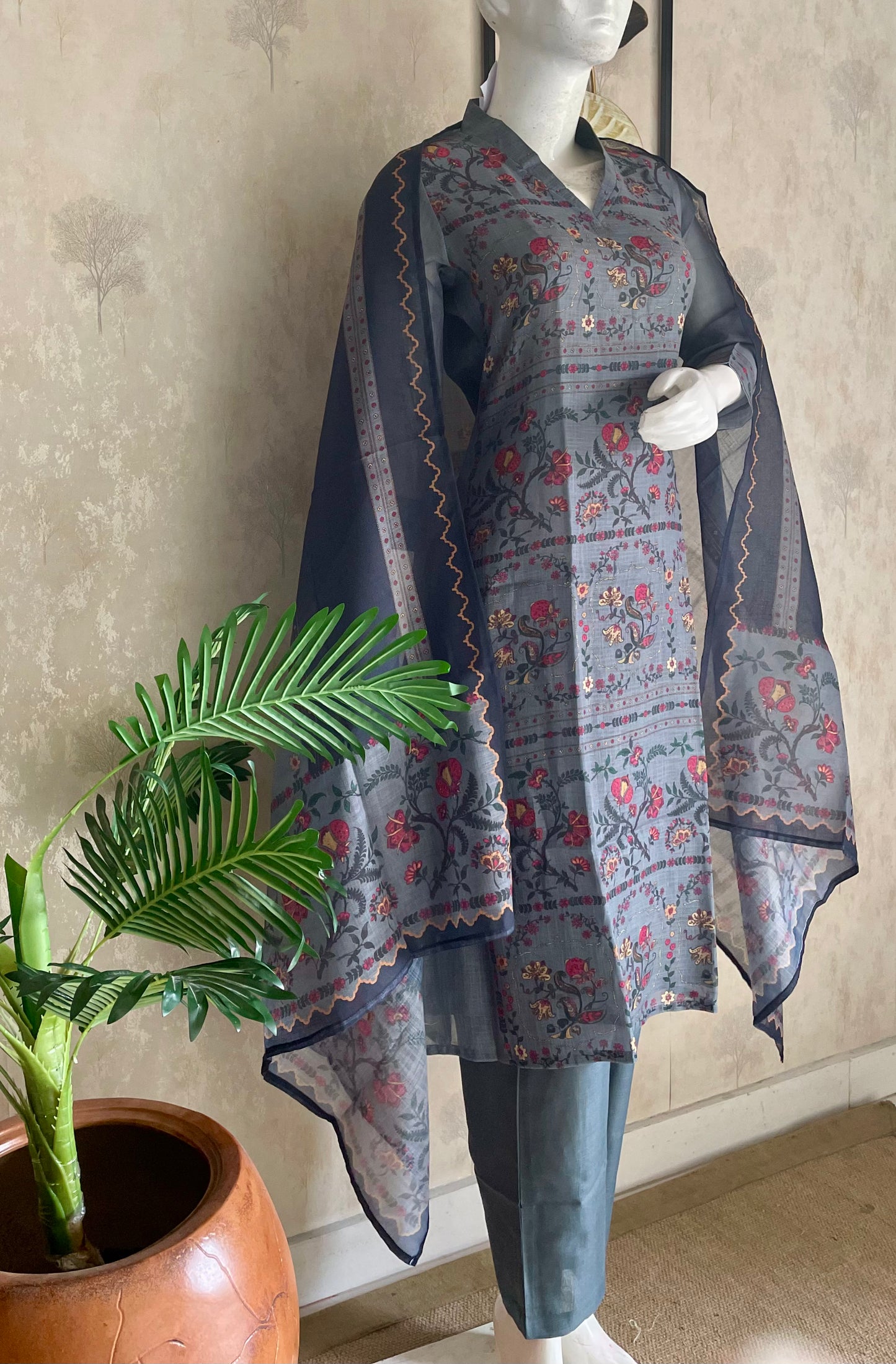 Greyish Blue Linen Kurta Set