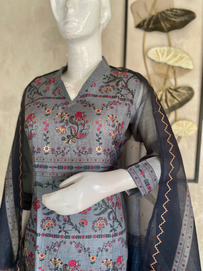 Greyish Blue Linen Kurta Set