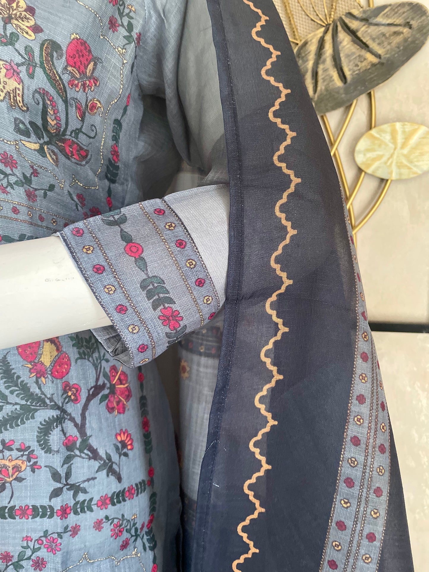 Greyish Blue Linen Kurta Set