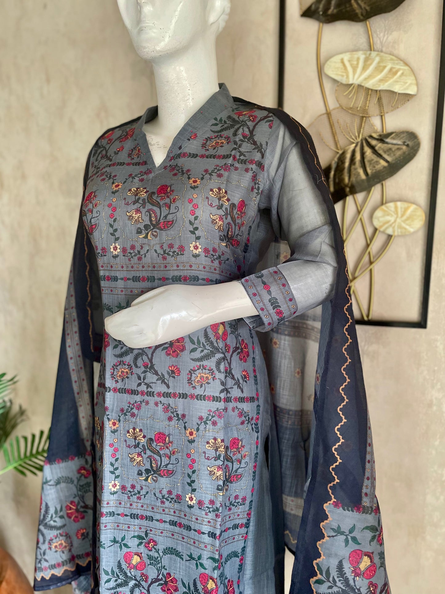 Greyish Blue Linen Kurta Set