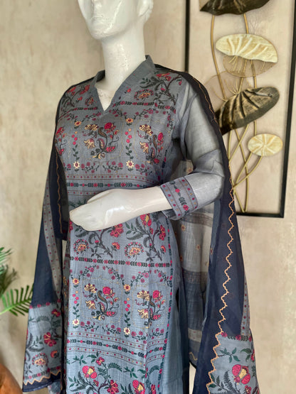 Greyish Blue Linen Kurta Set