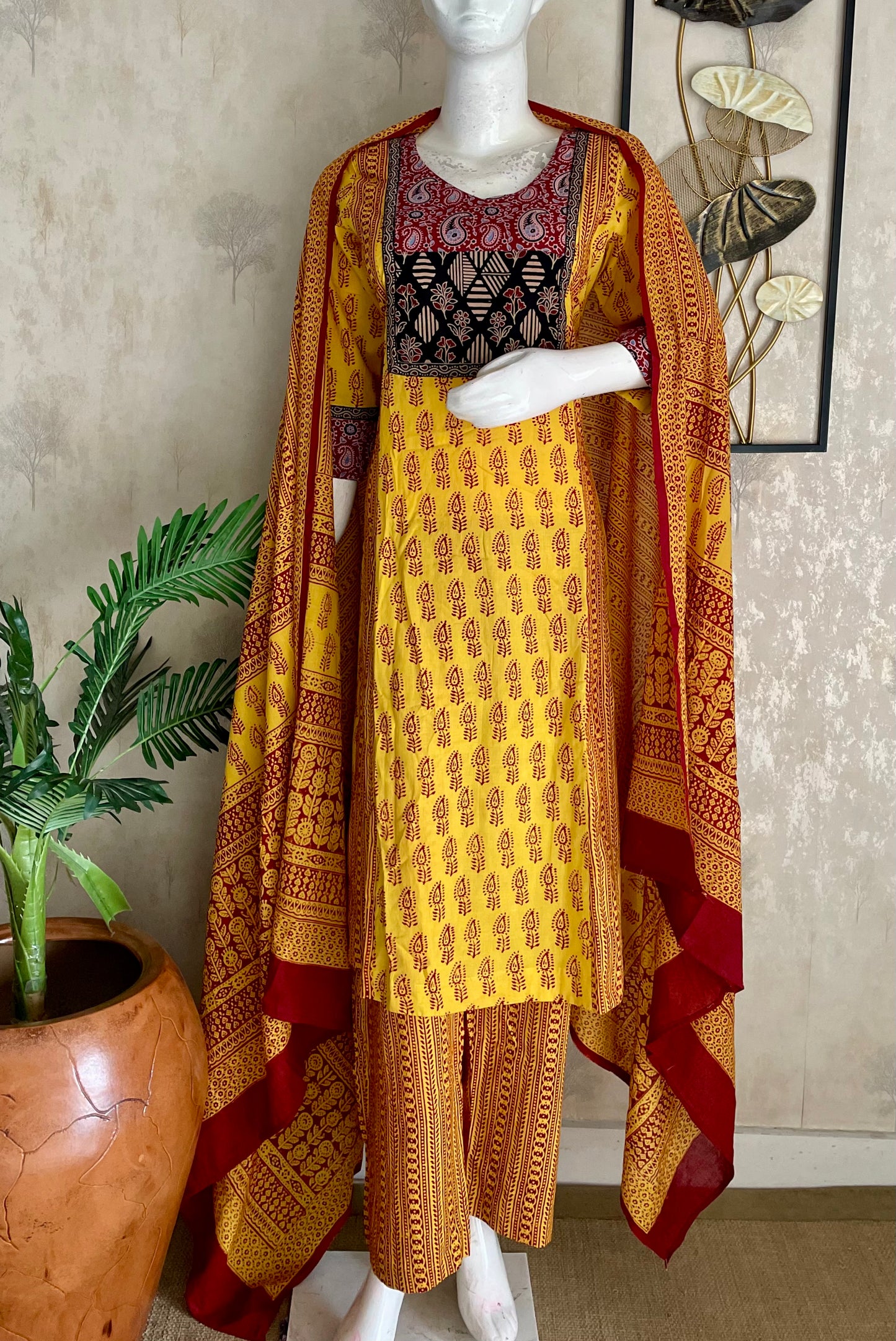 Yellow & Mehroon Bagh Handblock Cotton A-Line Kurta Set