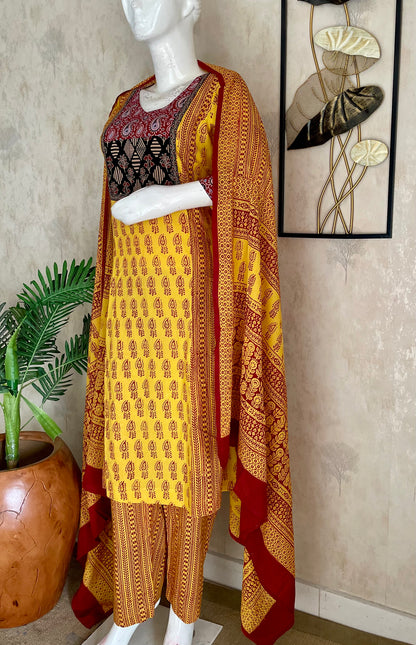 Yellow & Mehroon Bagh Handblock Cotton A-Line Kurta Set