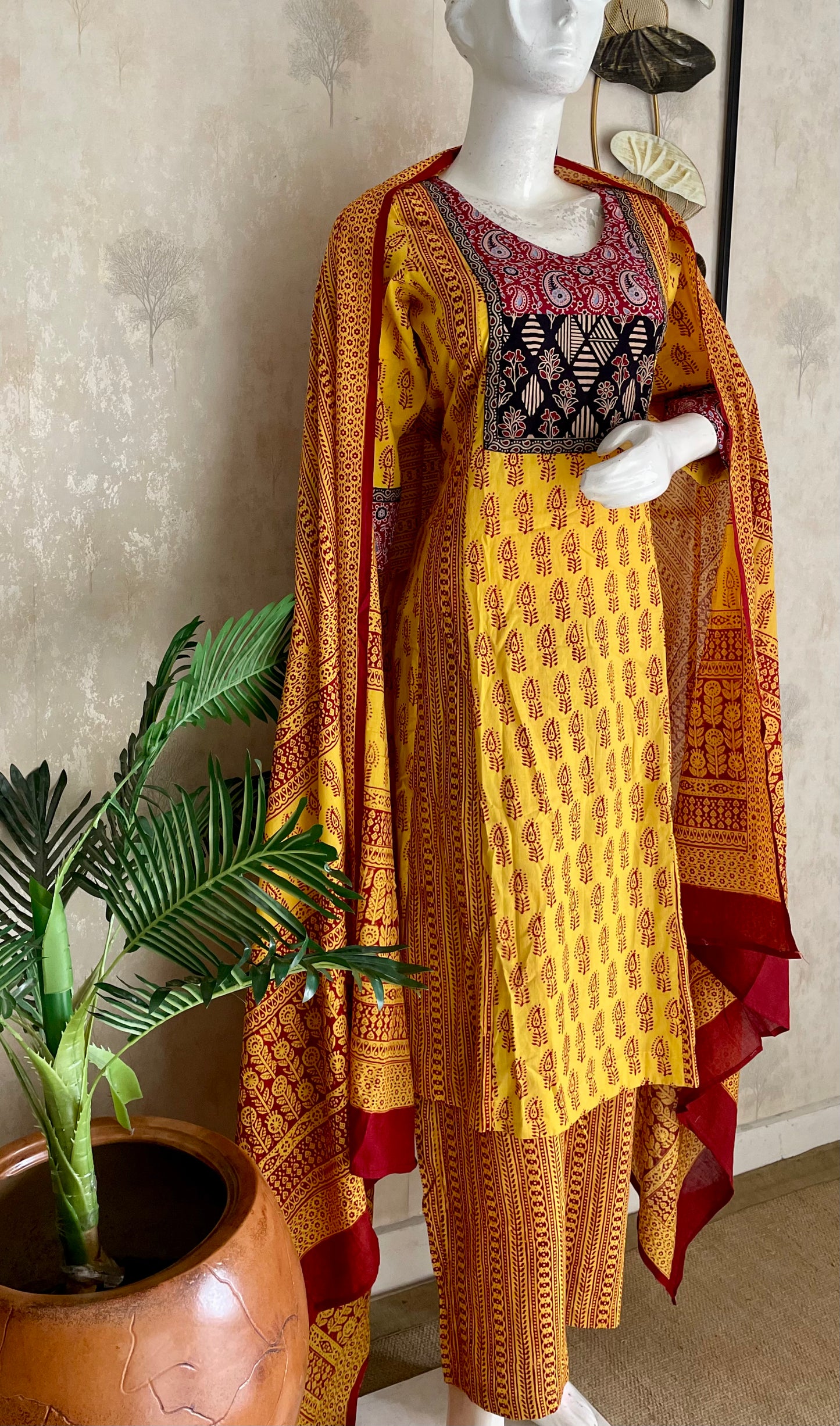 Yellow & Mehroon Bagh Handblock Cotton A-Line Kurta Set
