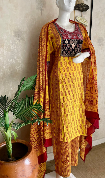 Yellow & Mehroon Bagh Handblock Cotton A-Line Kurta Set
