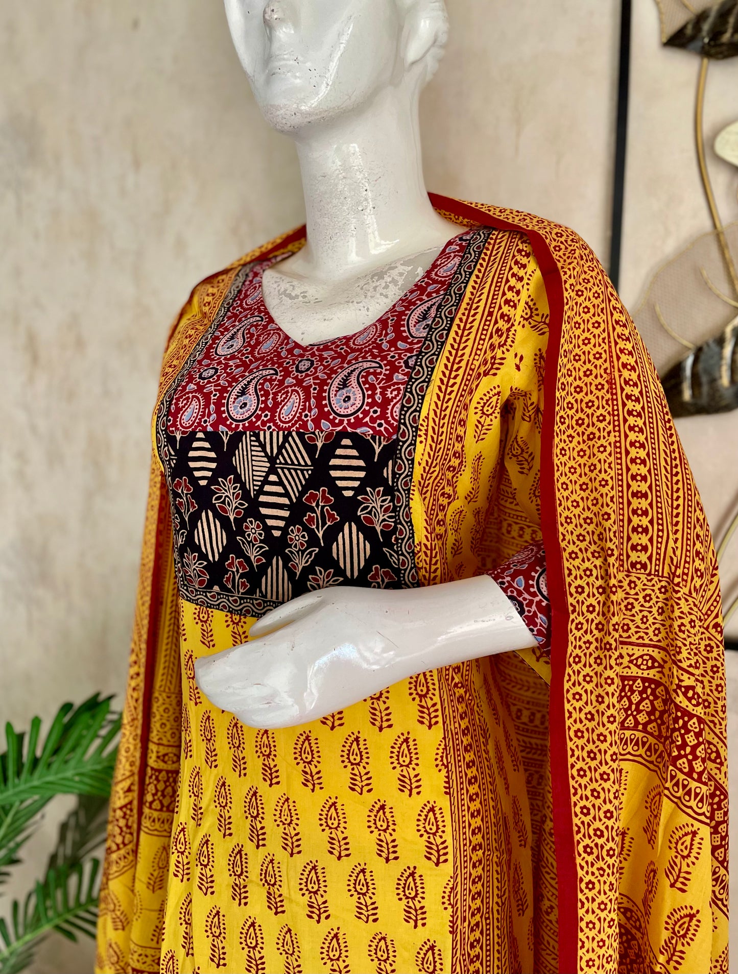 Yellow & Mehroon Bagh Handblock Cotton A-Line Kurta Set