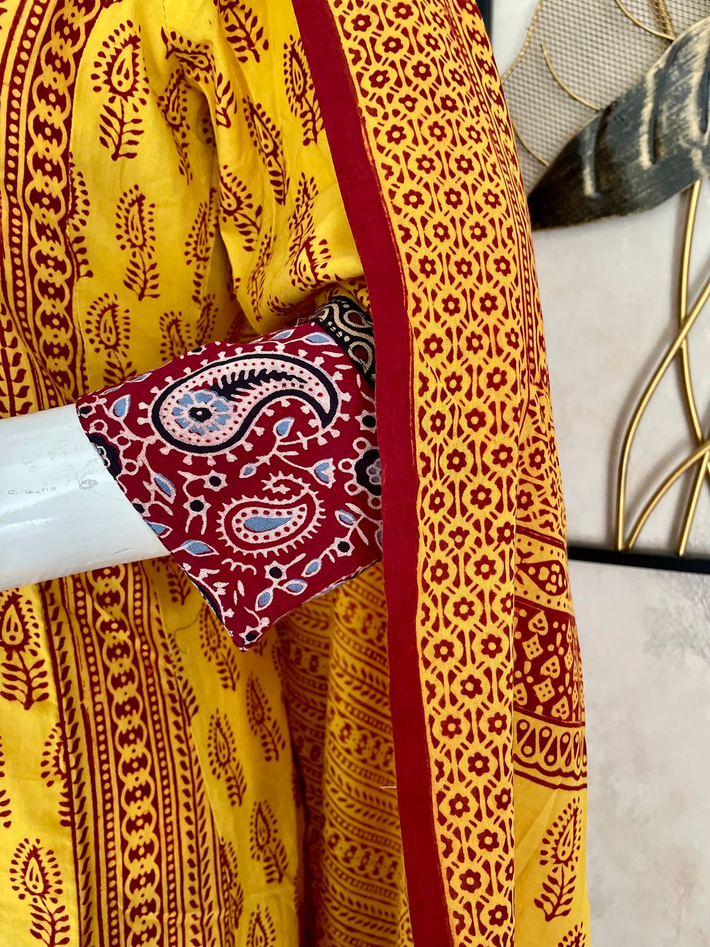 Yellow & Mehroon Bagh Handblock Cotton A-Line Kurta Set