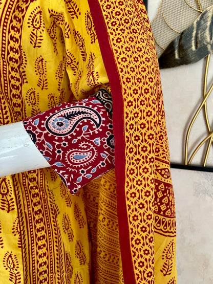 Yellow & Mehroon Bagh Handblock Cotton A-Line Kurta Set