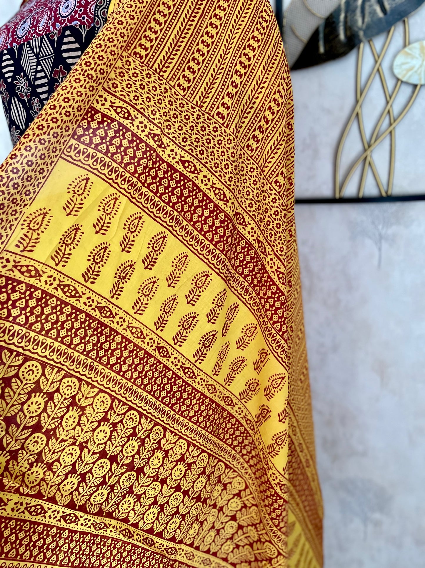 Yellow & Mehroon Bagh Handblock Cotton A-Line Kurta Set
