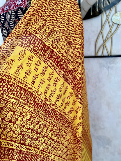 Yellow & Mehroon Bagh Handblock Cotton A-Line Kurta Set