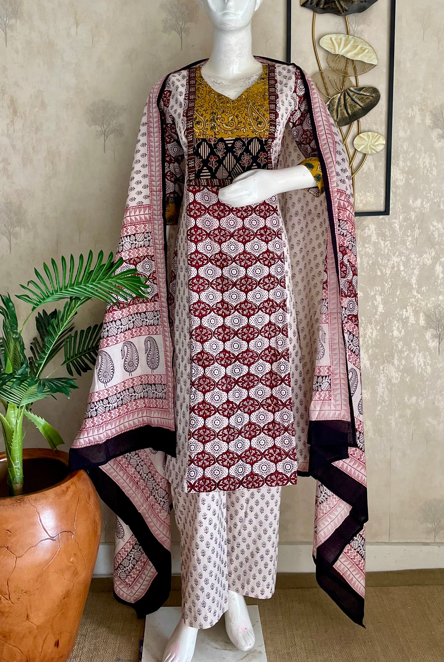 White & Mehroon  Bagh Handblock Cotton A-Line Kurta Set