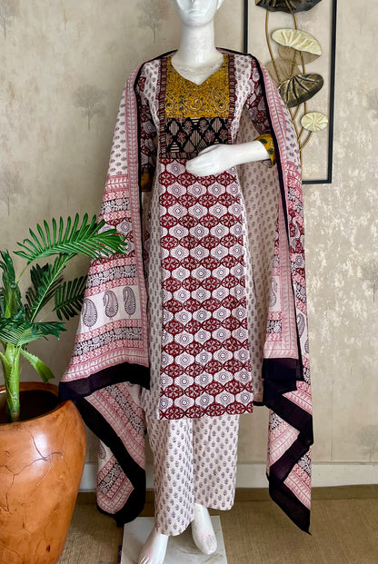 White & Mehroon  Bagh Handblock Cotton A-Line Kurta Set