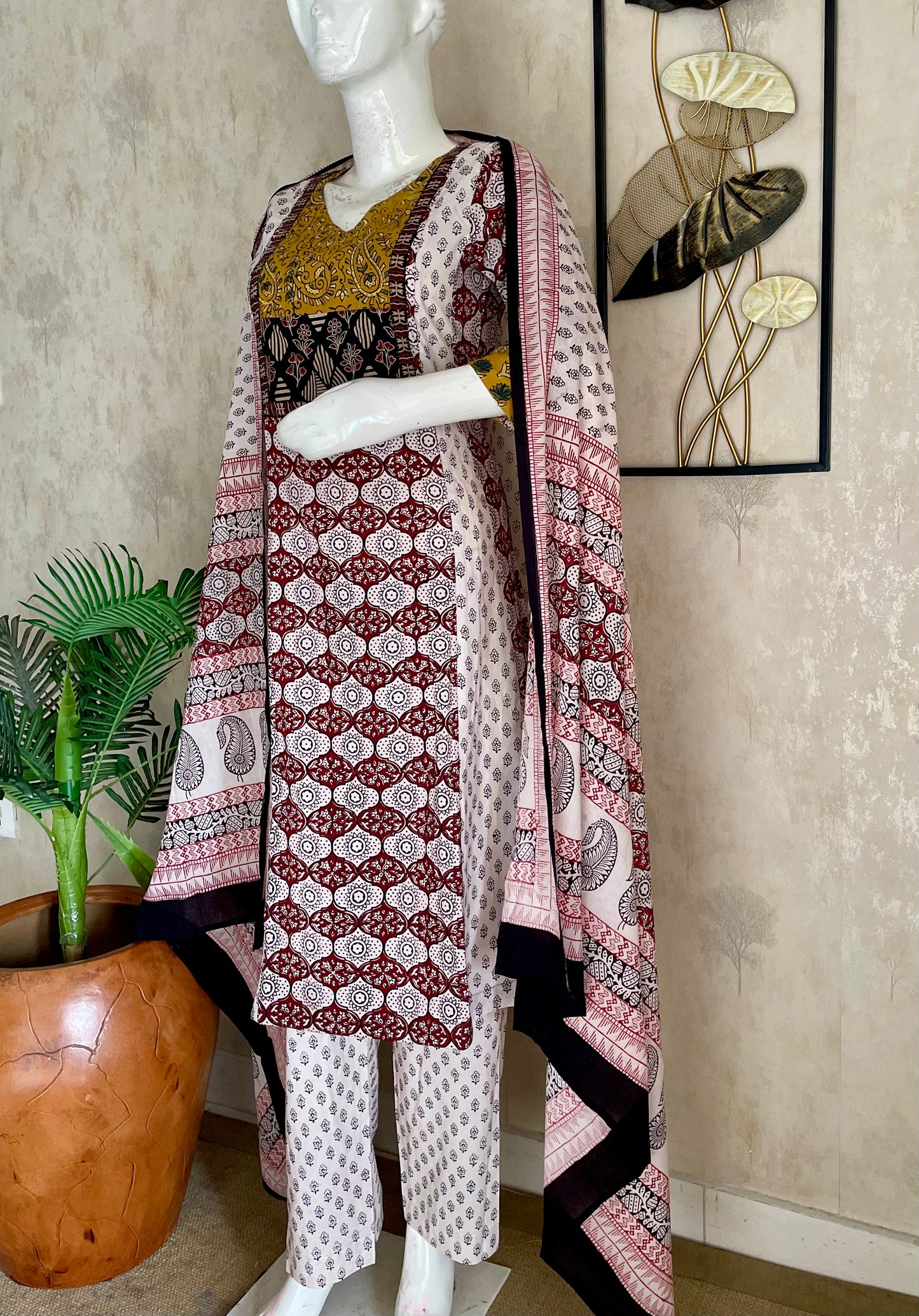 White & Mehroon  Bagh Handblock Cotton A-Line Kurta Set