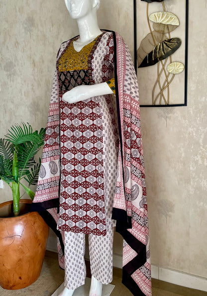 White & Mehroon  Bagh Handblock Cotton A-Line Kurta Set