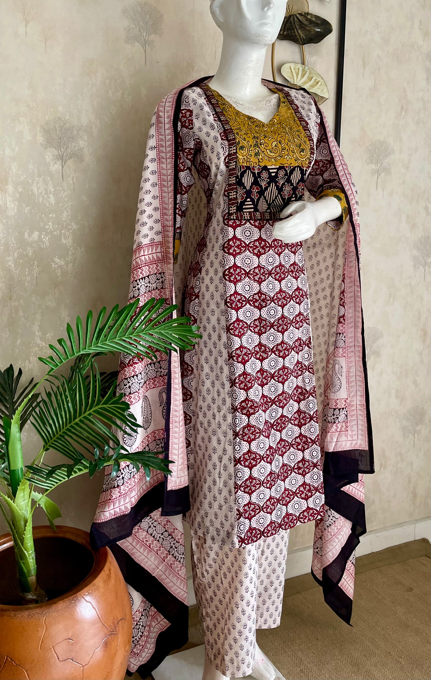 White & Mehroon  Bagh Handblock Cotton A-Line Kurta Set