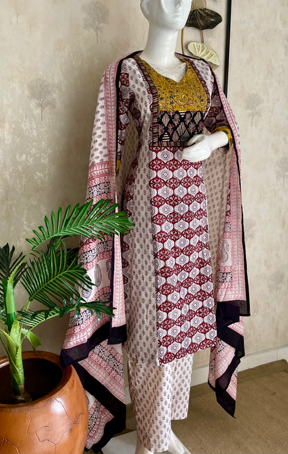 White & Mehroon  Bagh Handblock Cotton A-Line Kurta Set