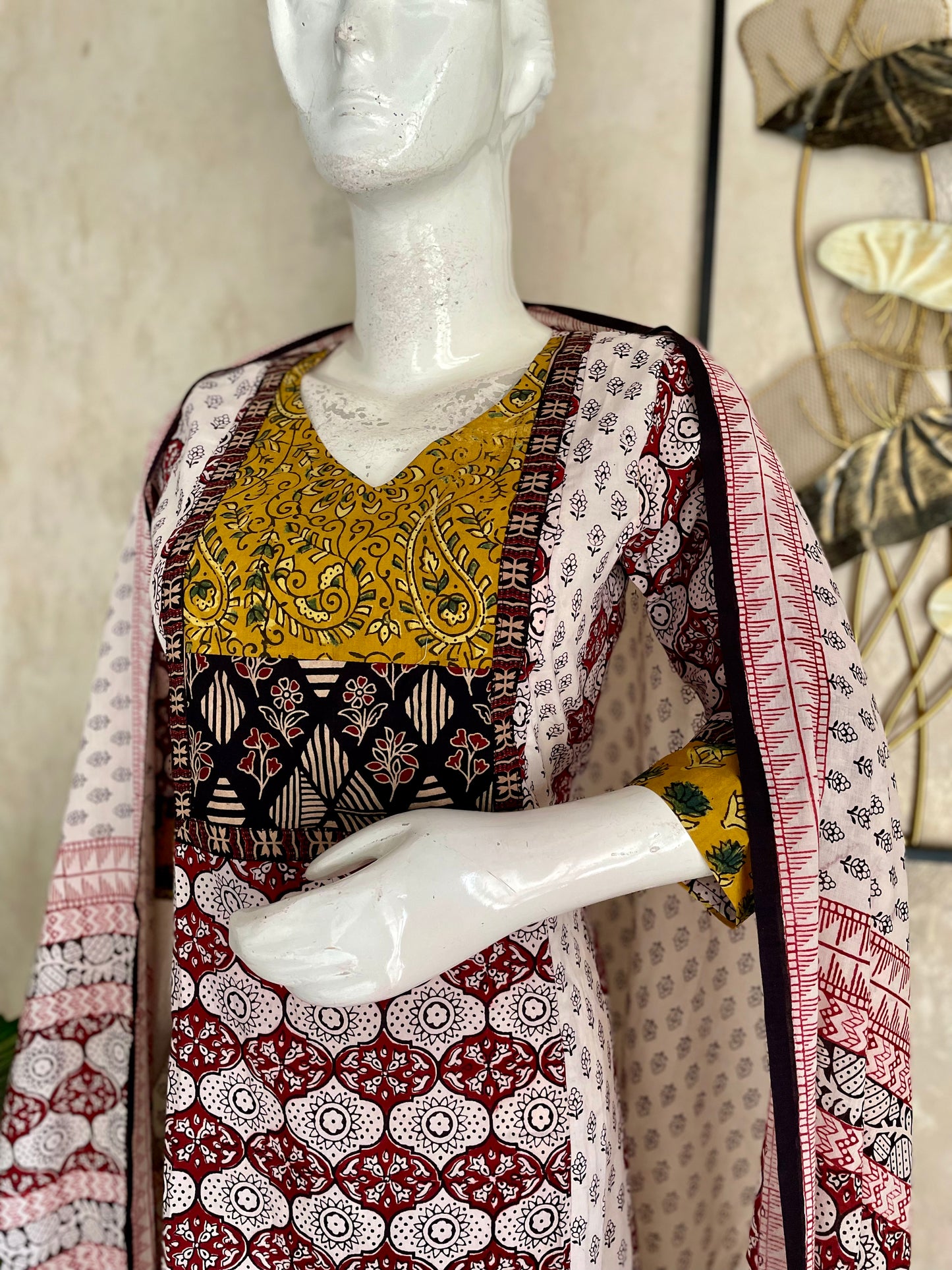 White & Mehroon  Bagh Handblock Cotton A-Line Kurta Set