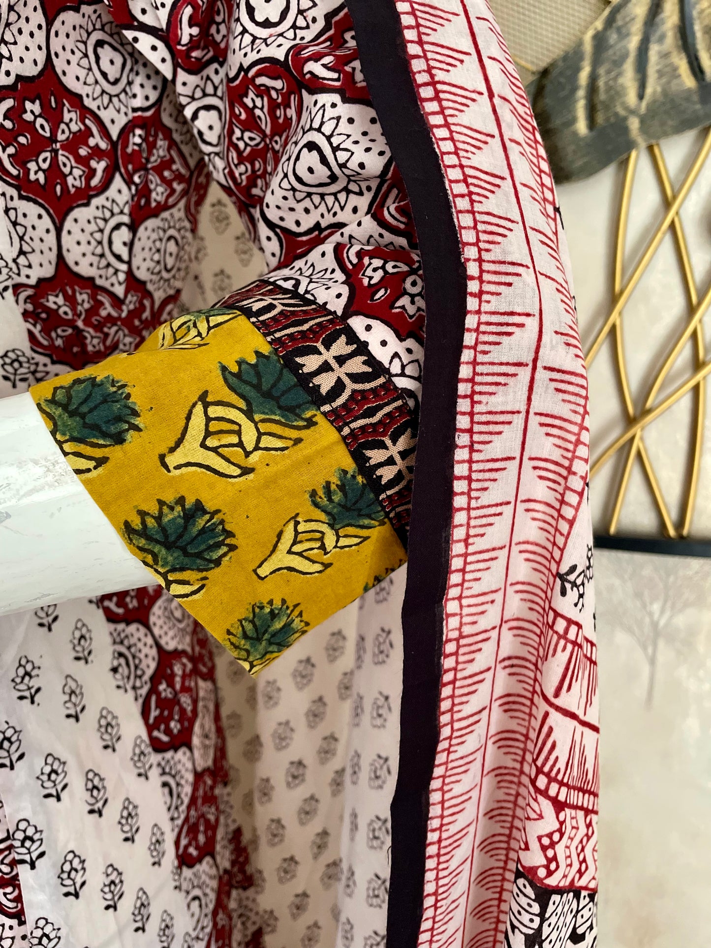 White & Mehroon  Bagh Handblock Cotton A-Line Kurta Set
