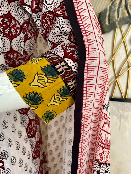 White & Mehroon  Bagh Handblock Cotton A-Line Kurta Set