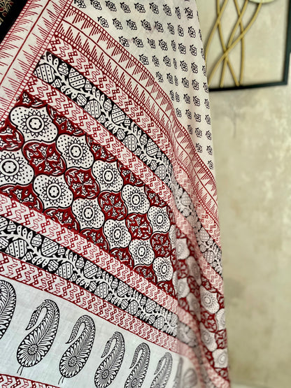 White & Mehroon  Bagh Handblock Cotton A-Line Kurta Set
