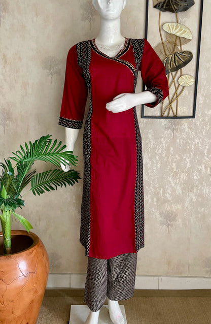 Mehroon & Black A-Line Angrakha Style Cotton Kurta Set