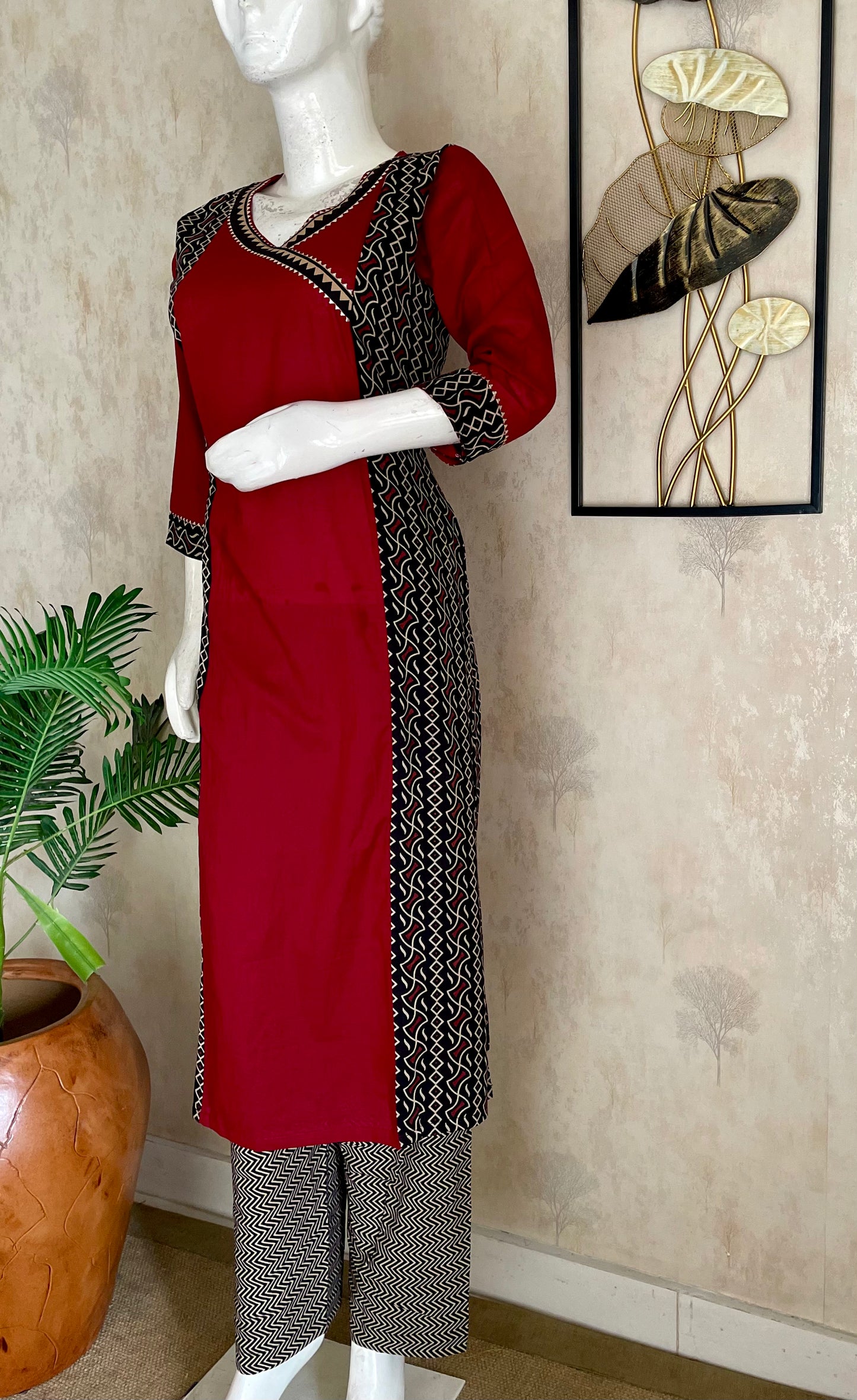 Mehroon & Black A-Line Angrakha Style Cotton Kurta Set