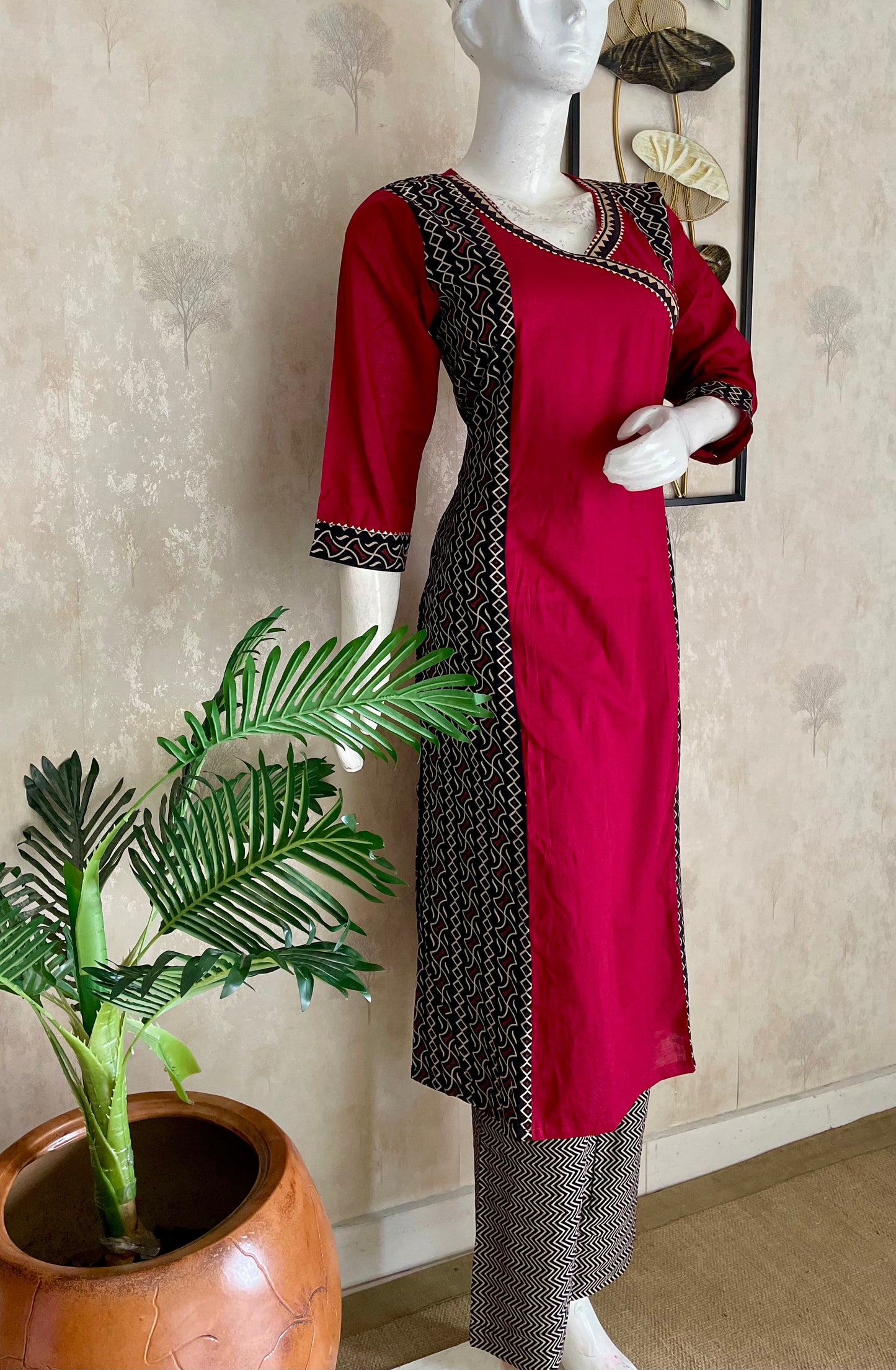 Mehroon & Black A-Line Angrakha Style Cotton Kurta Set