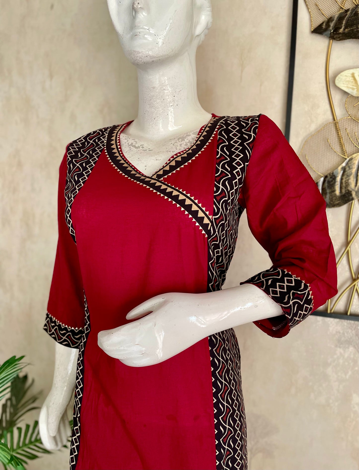Mehroon & Black A-Line Angrakha Style Cotton Kurta Set