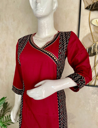 Mehroon & Black A-Line Angrakha Style Cotton Kurta Set