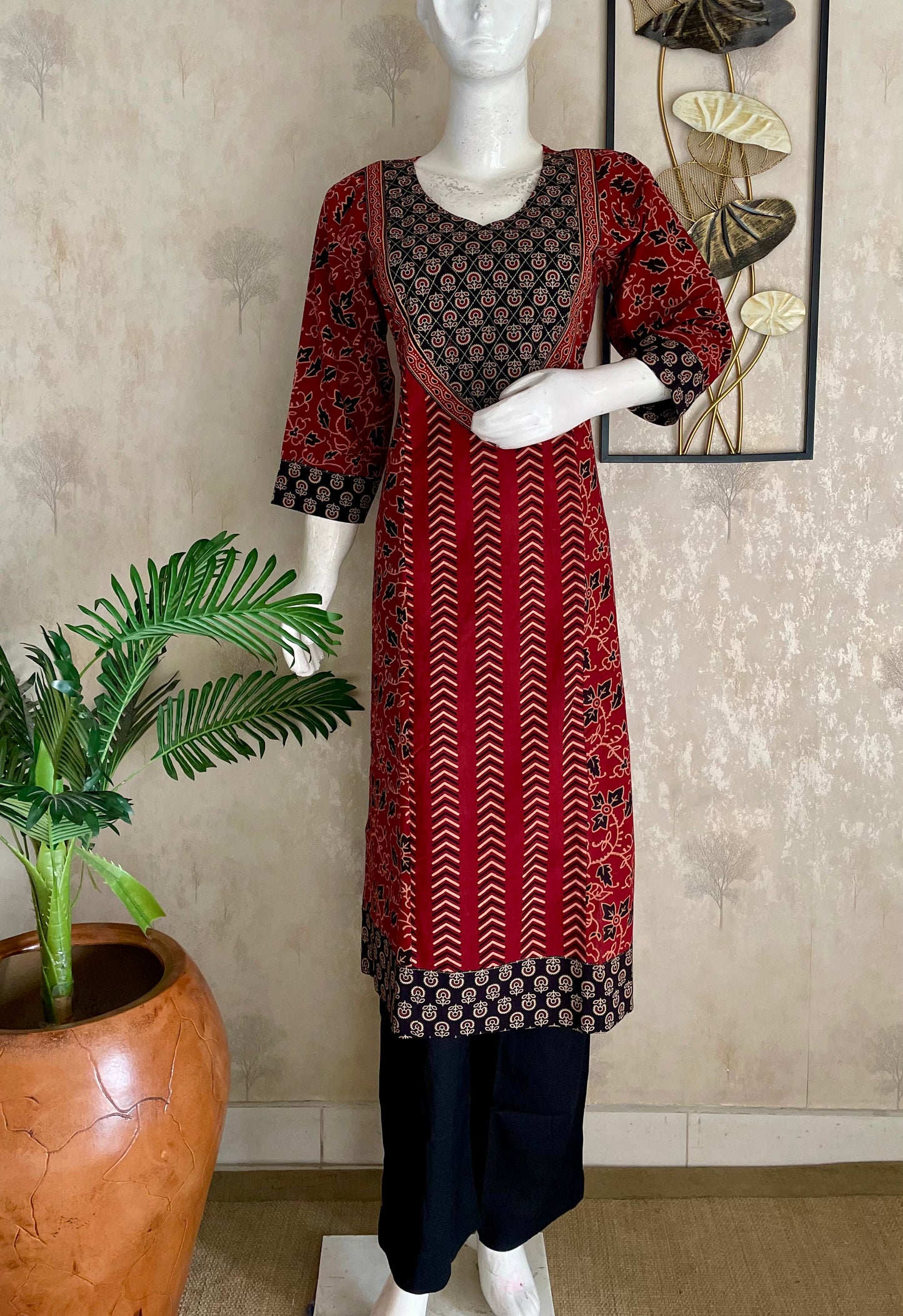 Black & Mehroon Bagh Handblock Print A-Line Kurta Set