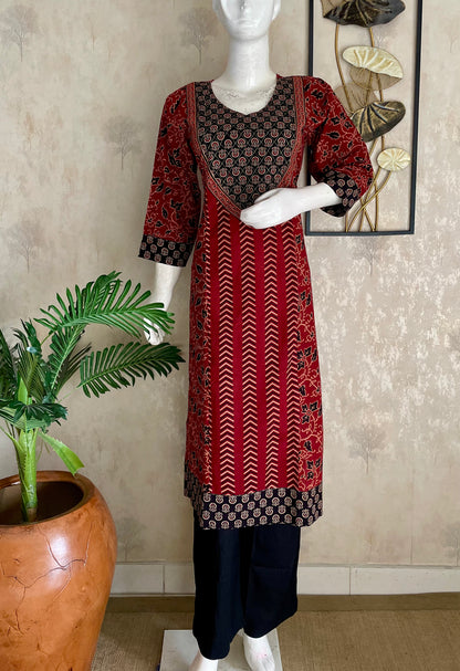 Black & Mehroon Bagh Handblock Print A-Line Kurta Set