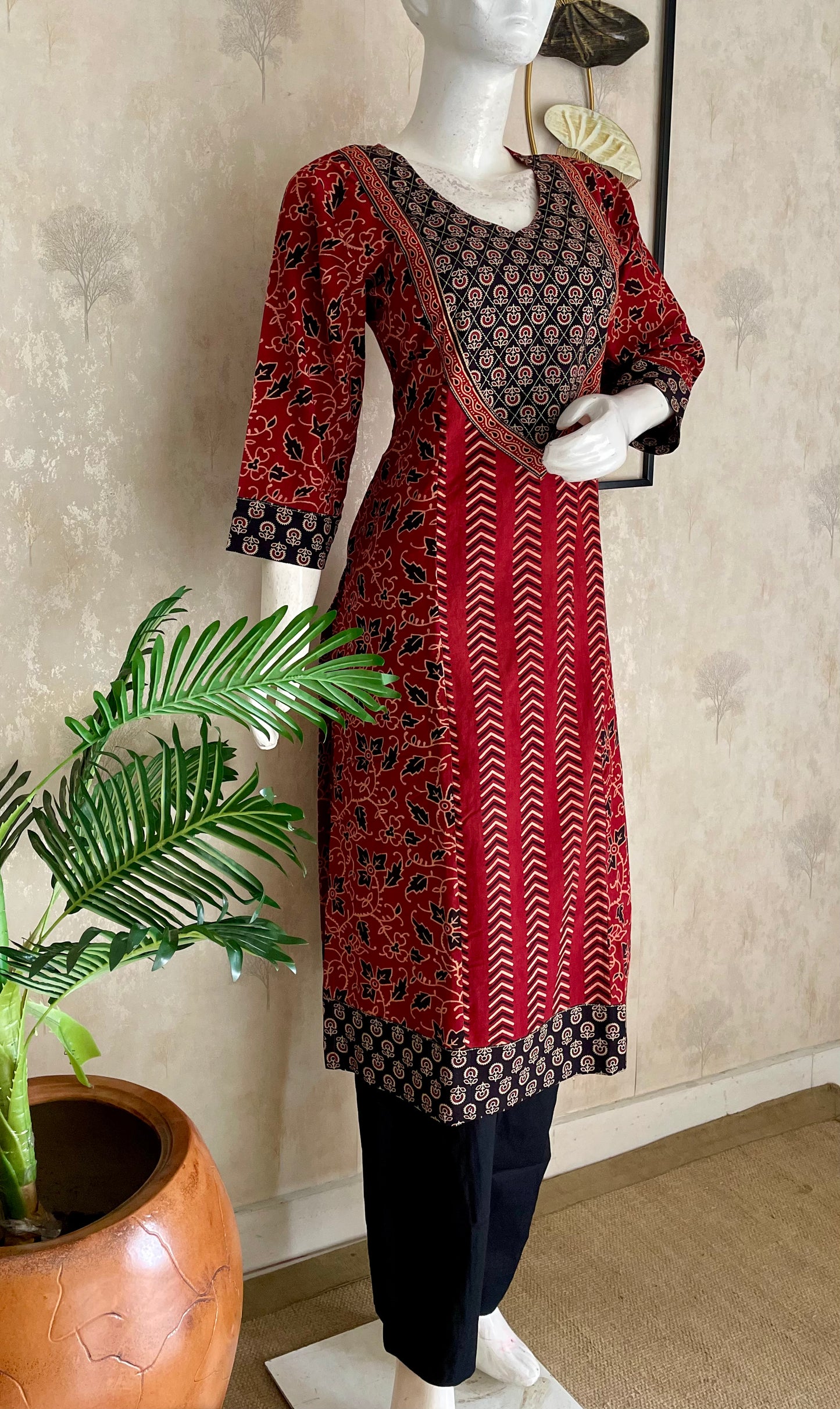 Black & Mehroon Bagh Handblock Print A-Line Kurta Set