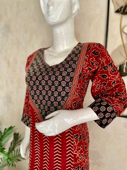 Black & Mehroon Bagh Handblock Print A-Line Kurta Set