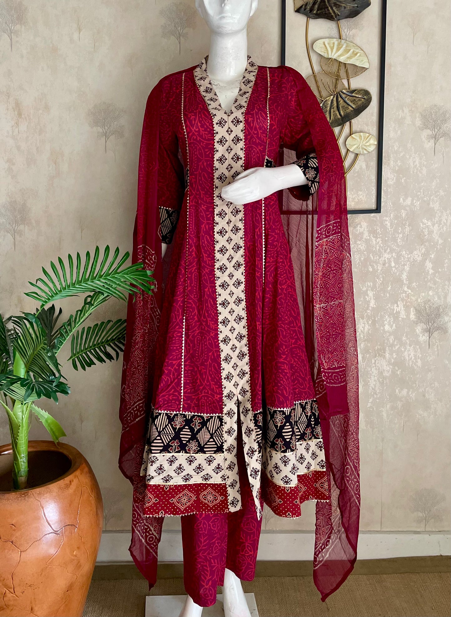 Wine Bagh Handblock Print Anarkali with Pure Dupatta