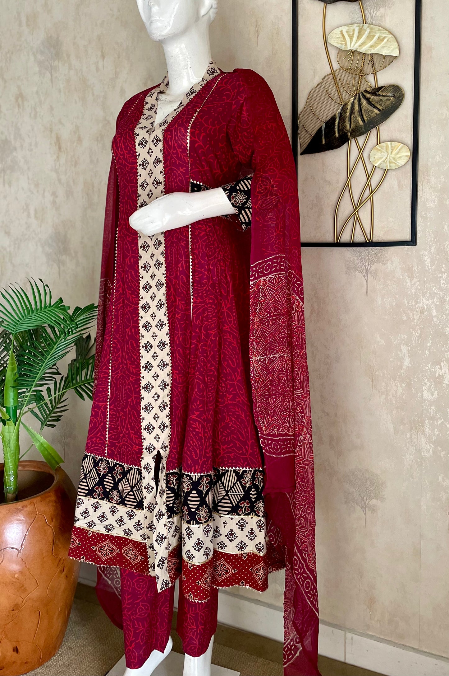 Wine Bagh Handblock Print Anarkali with Pure Dupatta
