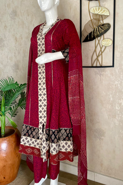 Wine Bagh Handblock Print Anarkali with Pure Dupatta