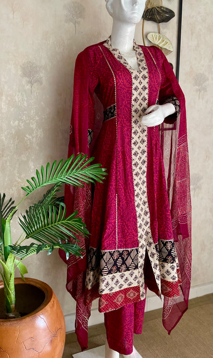 Wine Bagh Handblock Print Anarkali with Pure Dupatta