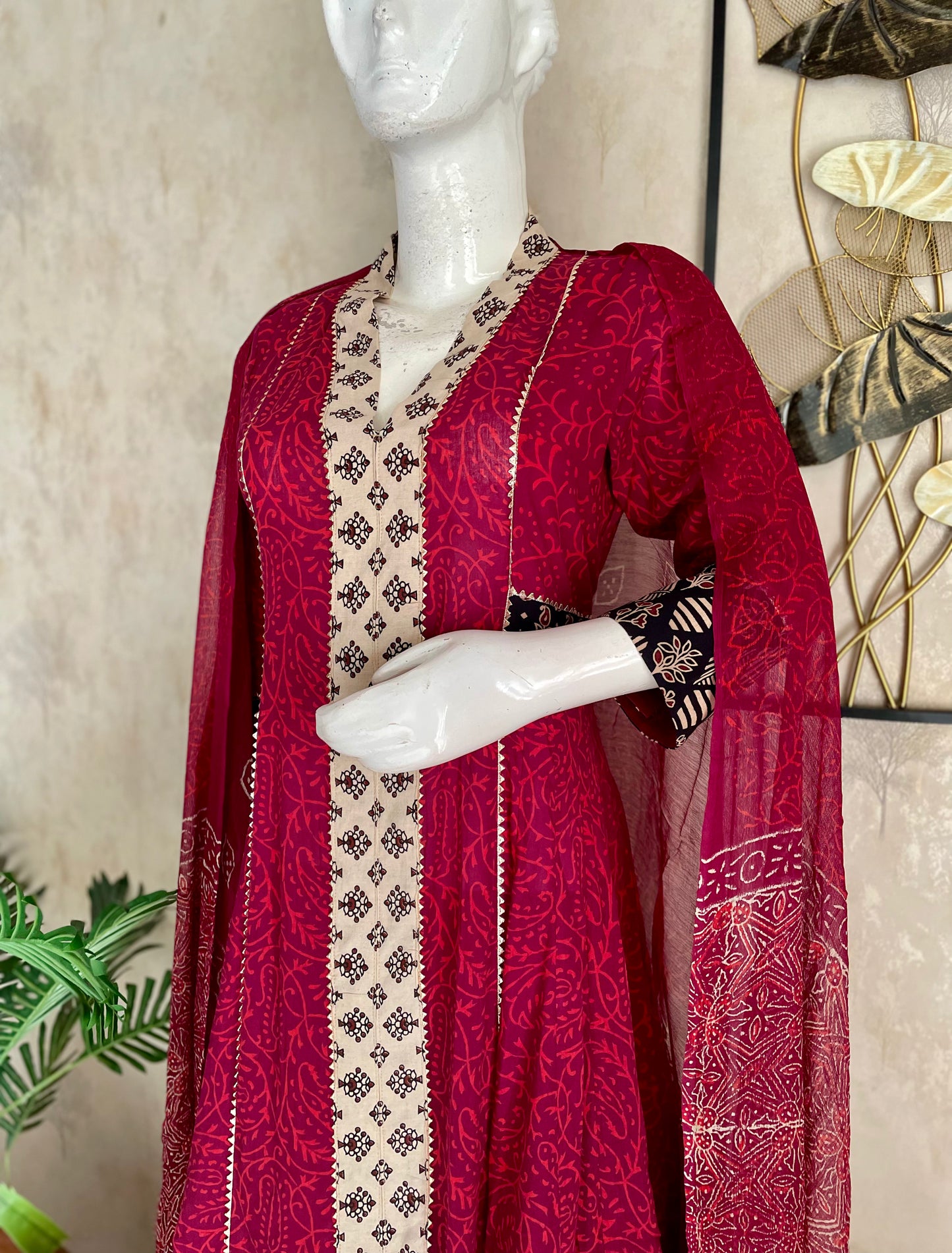 Wine Bagh Handblock Print Anarkali with Pure Dupatta