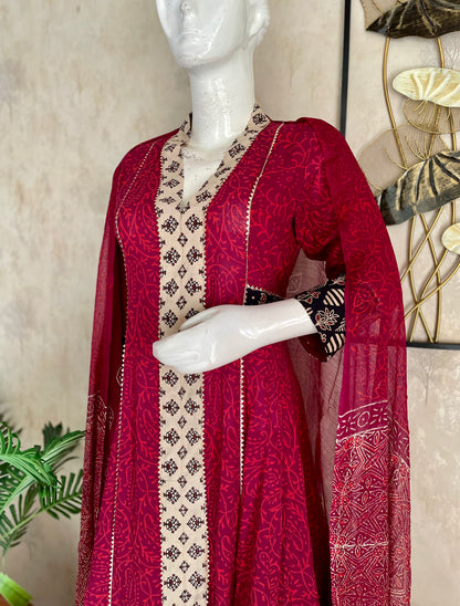 Wine Bagh Handblock Print Anarkali with Pure Dupatta