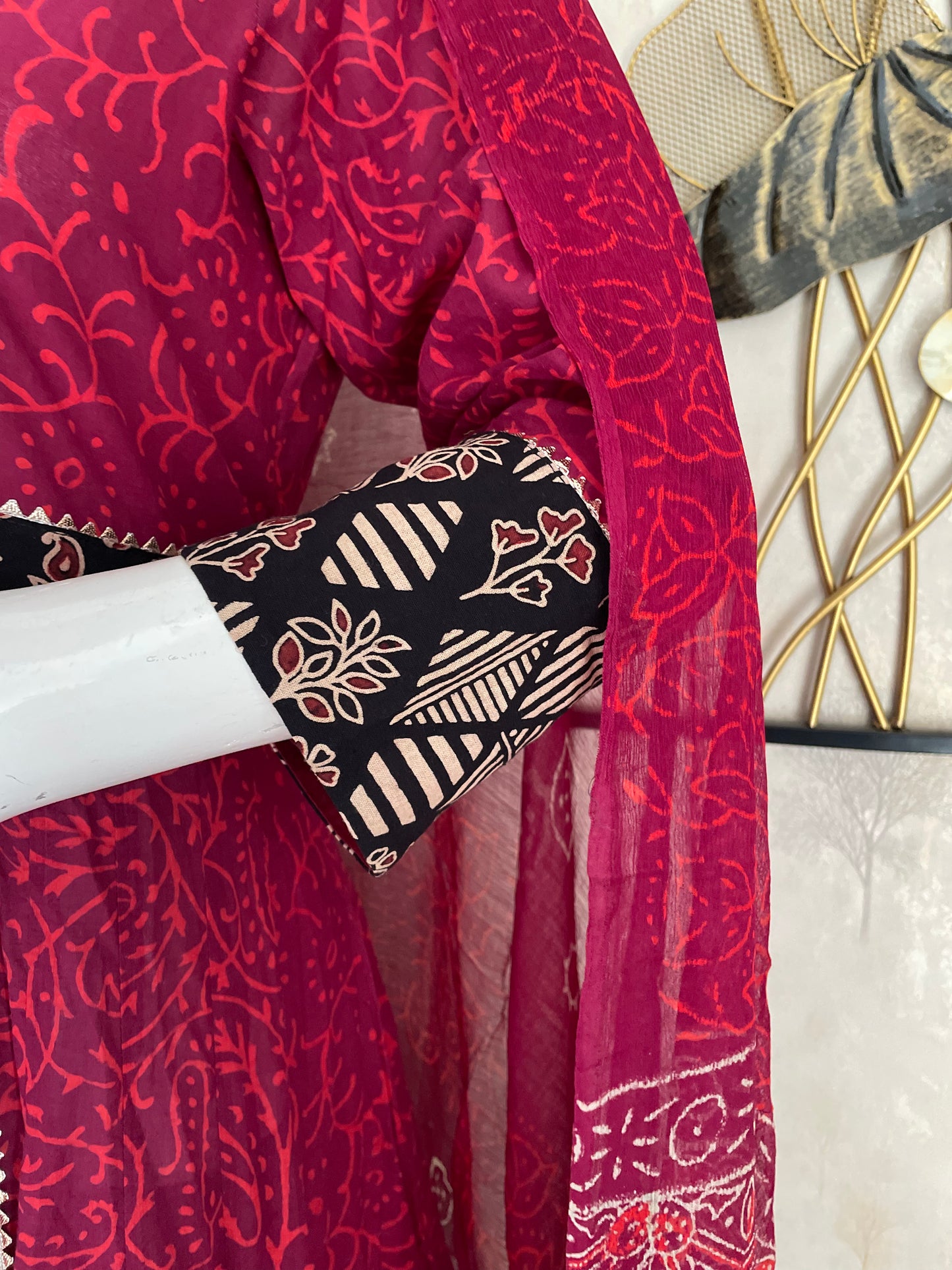 Wine Bagh Handblock Print Anarkali with Pure Dupatta