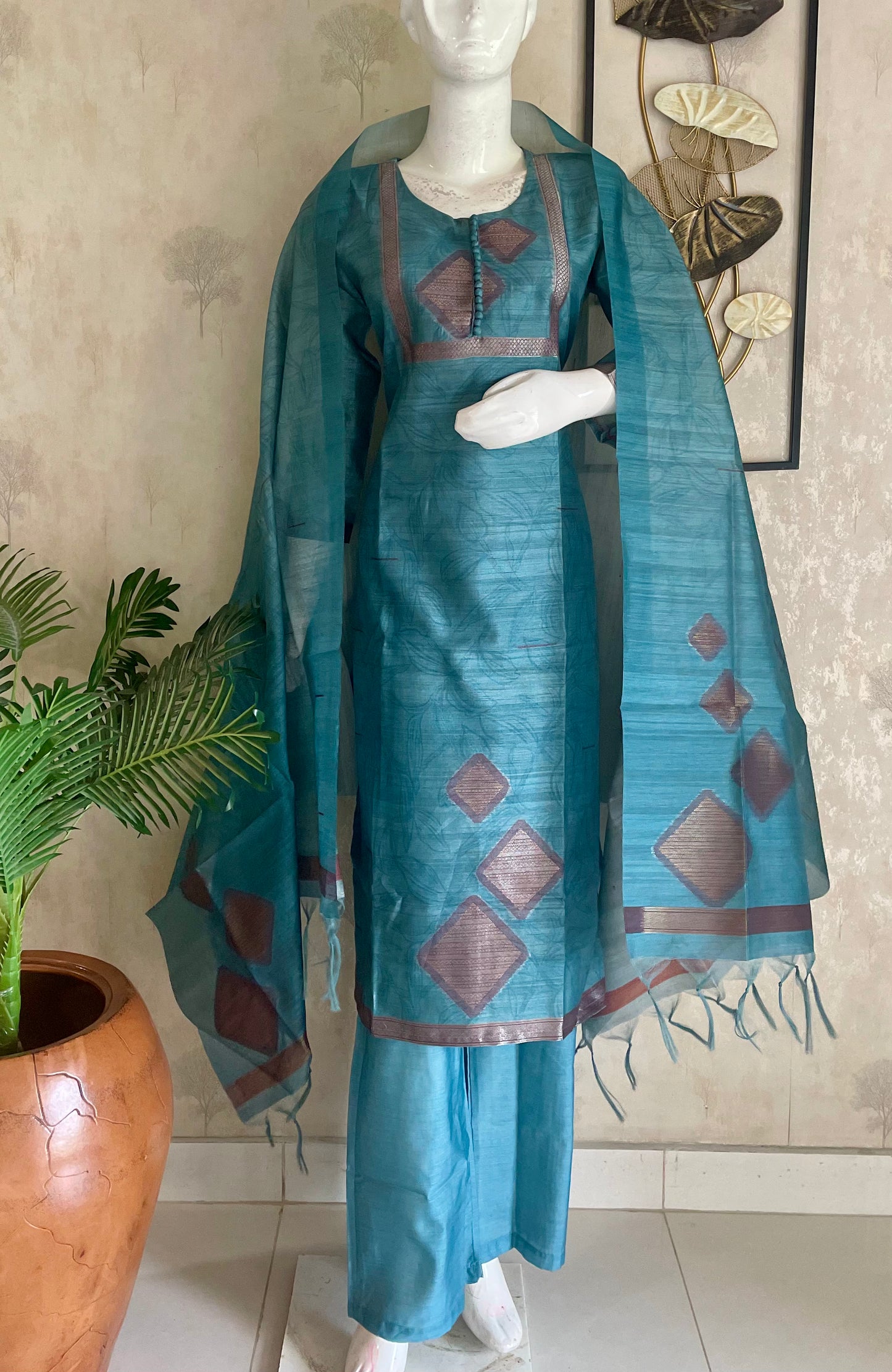 Turquoise Blue Tussar Silk Kurta Set