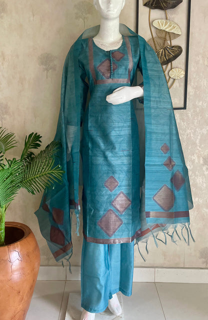 Turquoise Blue Tussar Silk Kurta Set